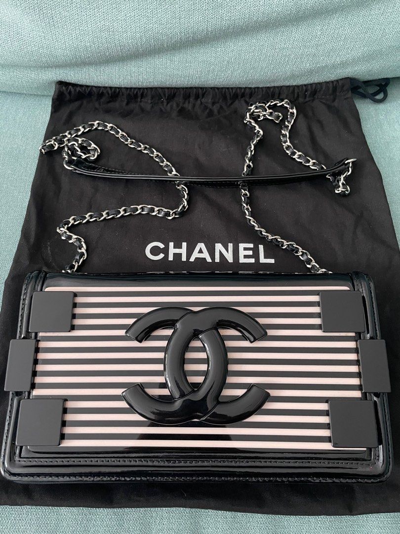 Chanel Black White Striped Plexiglas And Leather East West Boy Brick Flap Bag Luxury Bags Wallets on Carousell