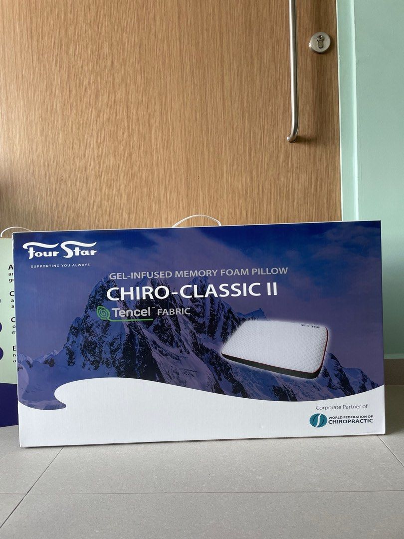 four star gel-infused memory foam pillow chiro-classic 2 tencel fabric (Category: Bedding & Towels) located in Singapore. Submitted by helloyipee (Listing ID 1281448200, Image 1). Description: have 2 bnip $70 for 1 $120 for both! delivery charge: $30 (drive to ur house) if not self-collect at senja close or arrange own courier service .
