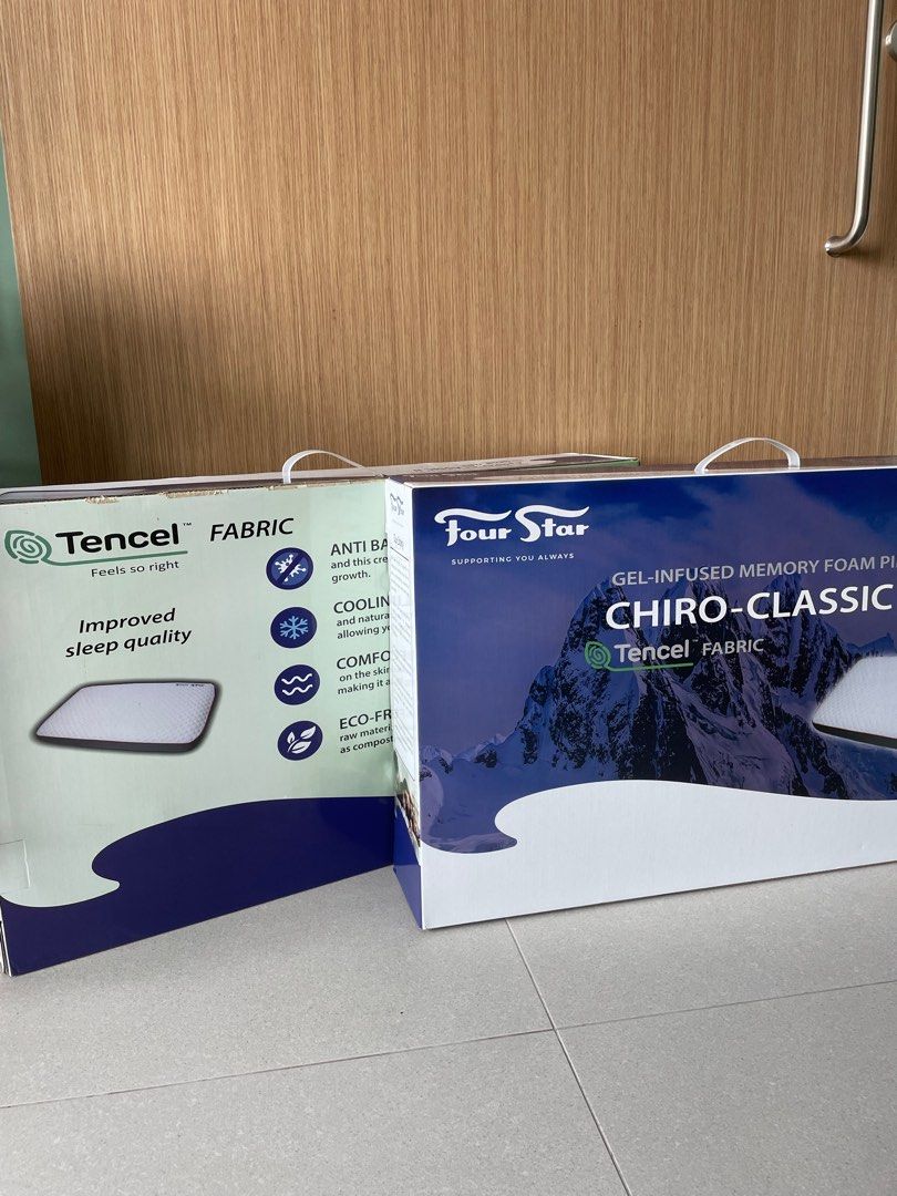four star gel-infused memory foam pillow chiro-classic 2 tencel fabric (Category: Bedding & Towels) located in Singapore. Submitted by helloyipee (Listing ID 1281448200, Image 2). Description: have 2 bnip $70 for 1 $120 for both! delivery charge: $30 (drive to ur house) if not self-collect at senja close or arrange own courier service .