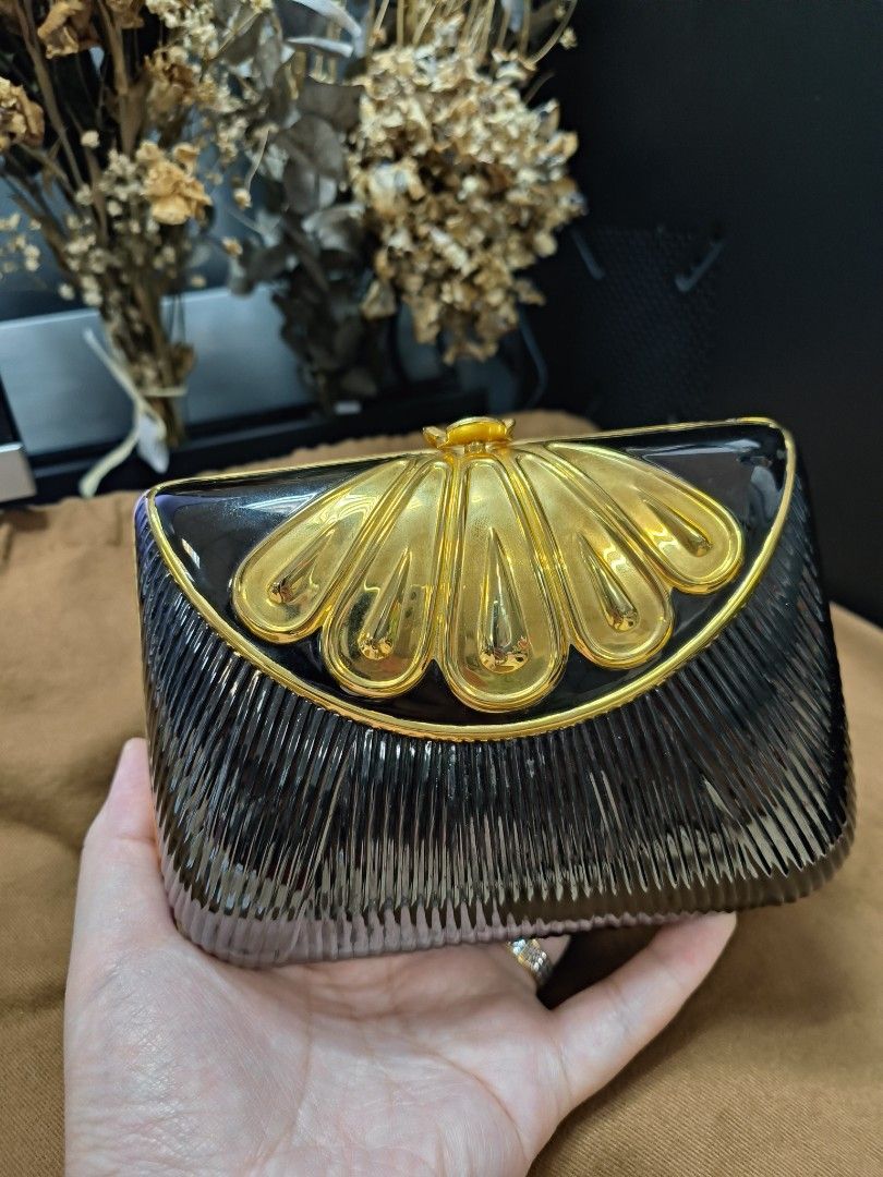 Gold Plated and Dark Grey Metal Evening Bag Women s Fashion Bags