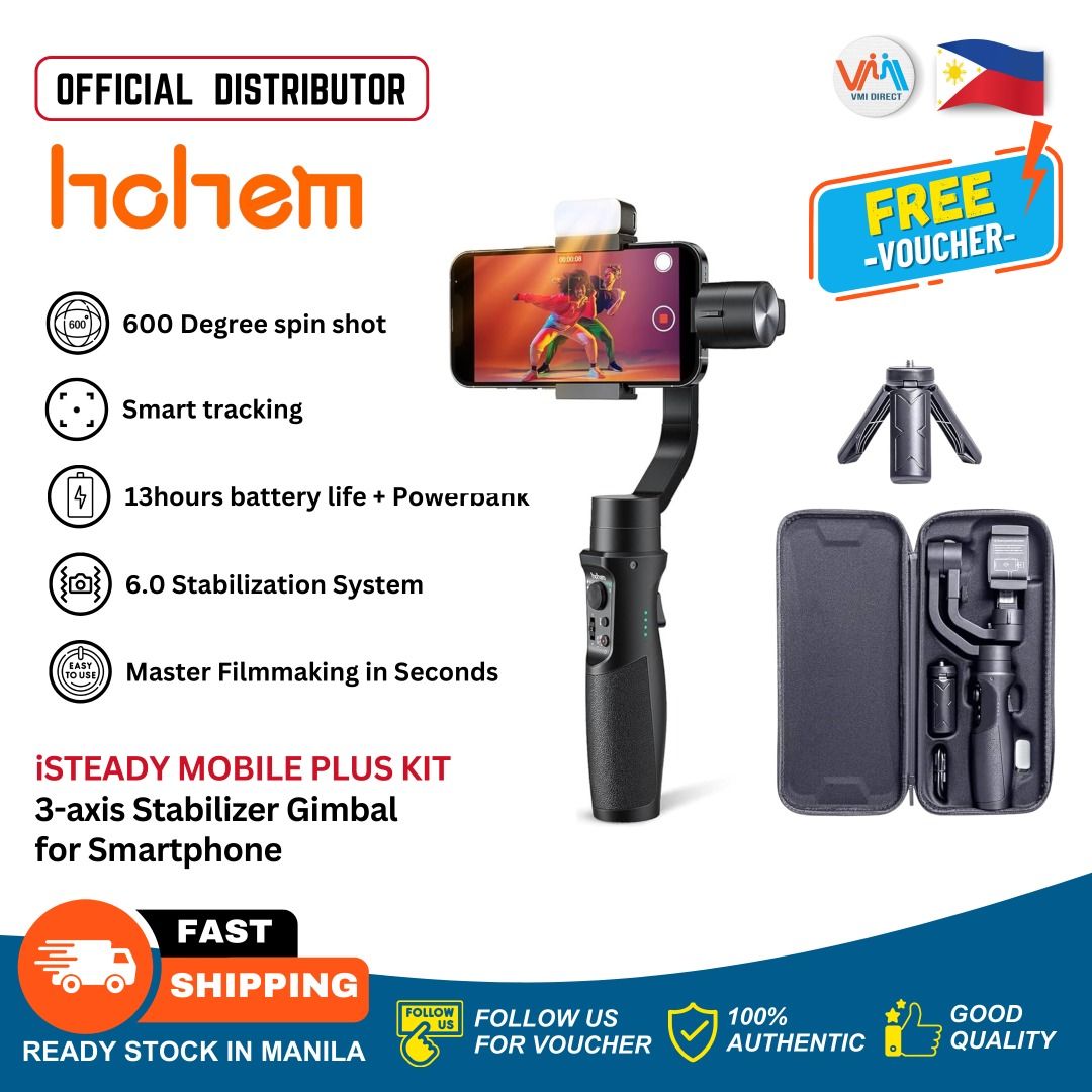 Hohem iSteady Mobile Plus / Mobile plus Kit (Category: Gimbals & Stabilizers ) located in Manila. Submitted by vmidirect (Listing ID 1246420807, Image 2). Description: SPECIFICATION Product Type: 3 Axis Smartphone Gimbal Model: iSteady Mobile+ 2022 Dimension (mm): 12*5*2inch Weight: 474g include battery Material: High performance composite Payload: 280g Mobile Width Supported: 58mm~89mm Mechanical Range: Panning: 600°; Rolling: 320°; Tilting: 320