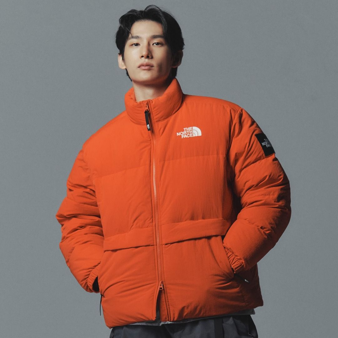 Red north store face bubble coat