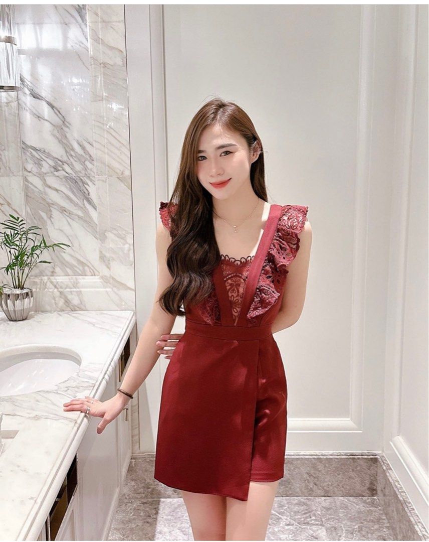 Maroon lace shop romper dress