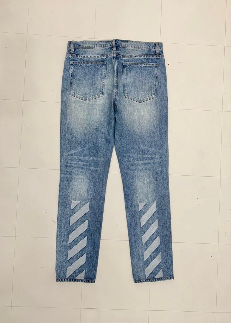 Off White Diagonal Distressed Denim Jeans Pants (Category: Jeans) located in Makati City. Submitted by bzspr (Listing ID 1281433156, Image 2). Description: Off White Denim Pants Embroidered diagonal design at the back 1 Large (Waist 33-34 inches) 1 Medium (Waist 31-32 inches) Same length (42.5 inches) .