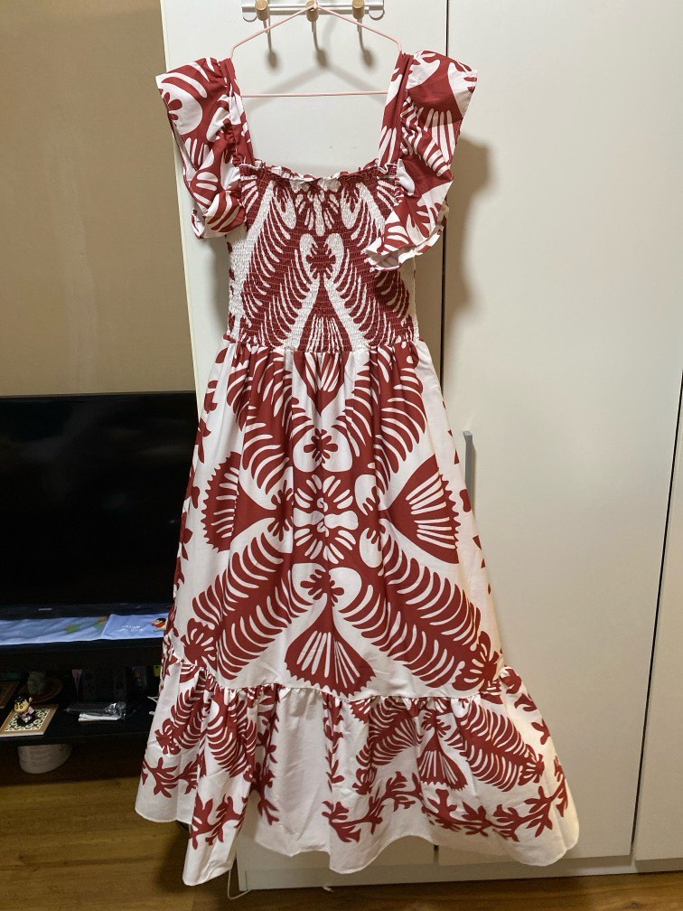 Red White Printed Maxi Dress Square Neck