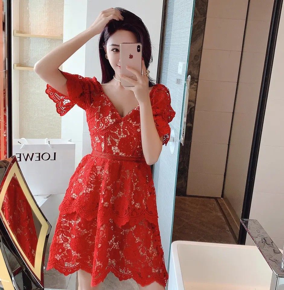 Red floral cocktail dress sale