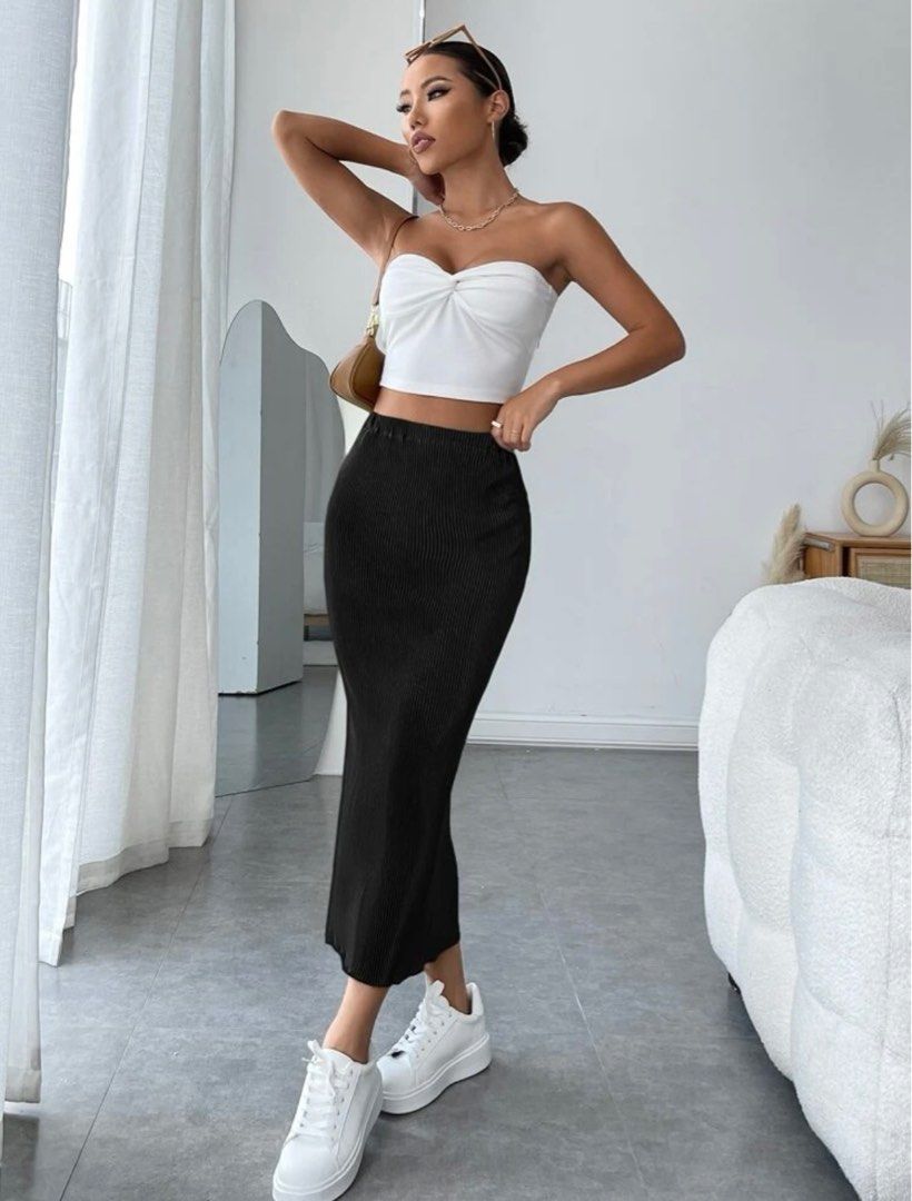 High waisted knit pencil skirt online