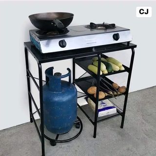 STAINLESS STEEL GAS STOVE STAND W/ SHELVES & MOVABLE GAS STAND