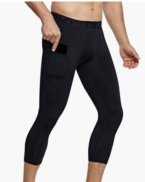 TSLA Men's 3/4 Compression Pants, Running Workout Tights, Cool Dry