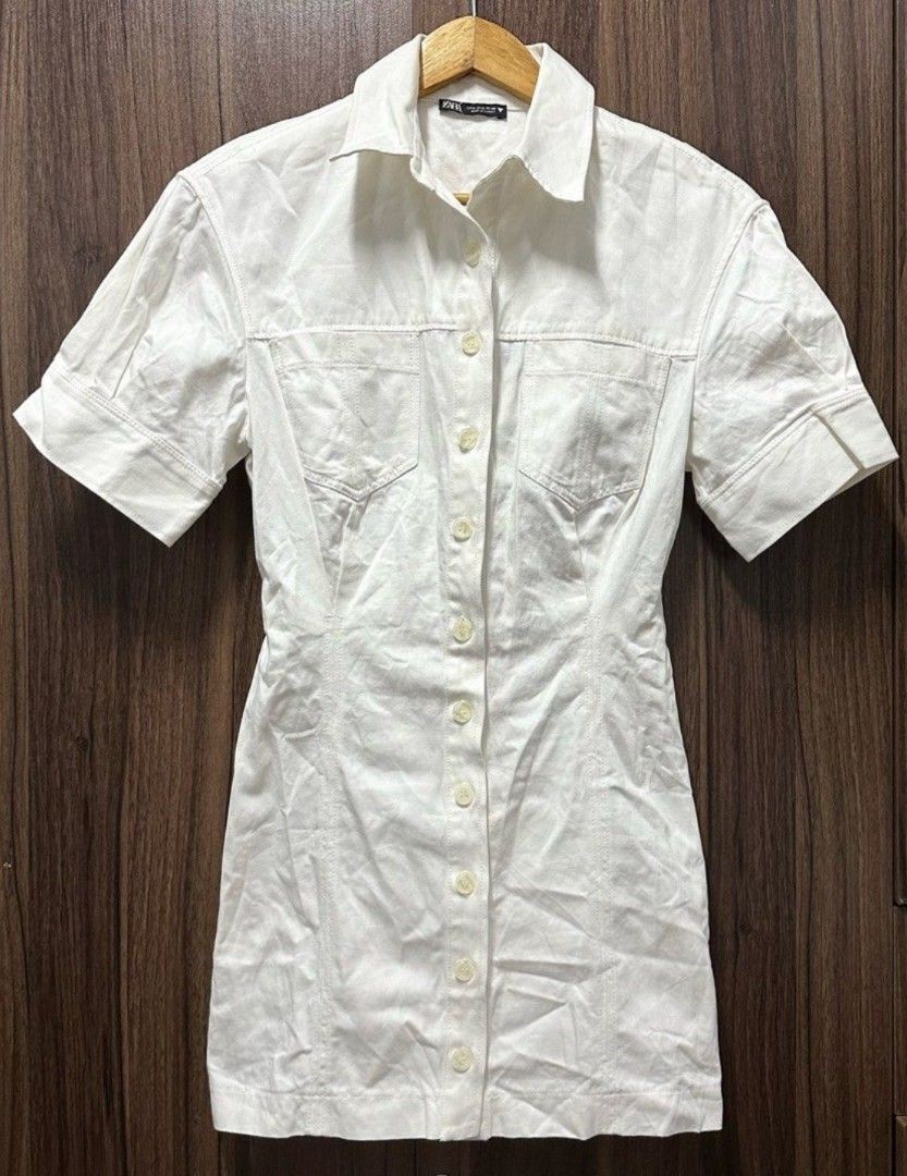 white denim zara dress Shirt Dress White Frill Dress Zara Zara Denim Ruffle Button Down Mini Shirt Dress White, Women's