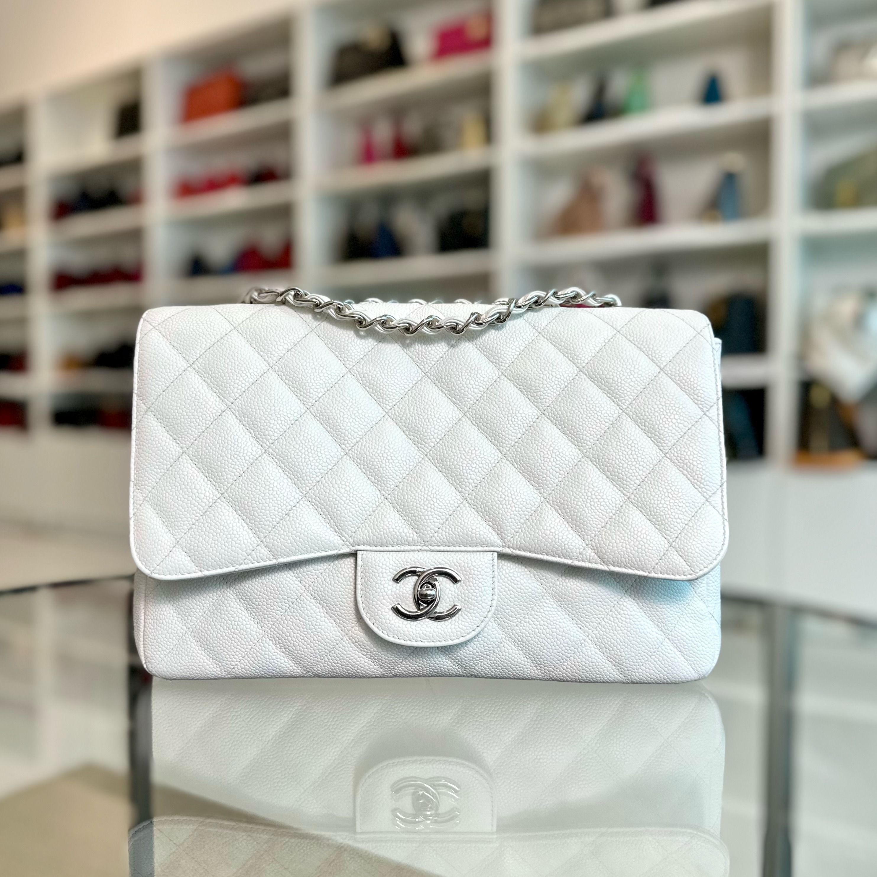 Chanel Caviar Jumbo Classic Flap Single Flap White SHW No 13