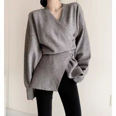 Grey Knitted Long Sleeved Buttoned Wrap Sweater Pullover