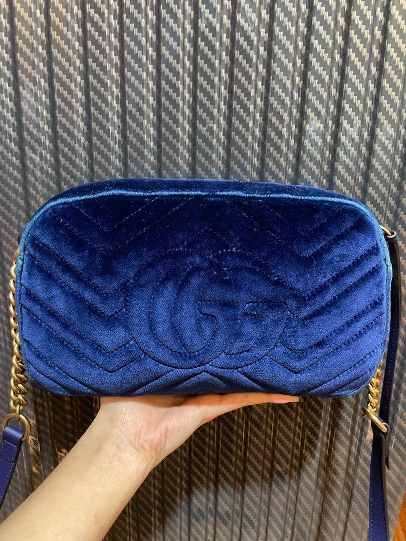 Gucci Marmont Camera Bag Small Velvet Blue (Category: Luxury Bags & Wallets) located in Quezon City. Submitted by luxurybestbags (Listing ID 1281780962, Image 2). Description: - 9.7/10 💙 - hardware still looks like new!! - Well taken care of, slightly have signs of use but still super nice (u can check the photos) - with adjustable strap, care cards, dustbag and controllato - price slightly negotiable ; others are selling this for 50k above alre