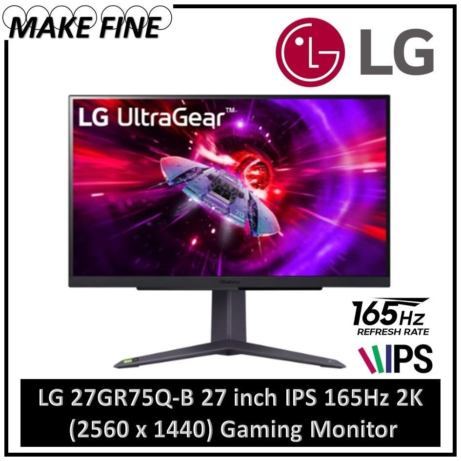 LG 27 UltraGear QHD IPS 1440p Gaming Monitor 165Hz 1ms AMD FreeSync-  27GR75Q-B