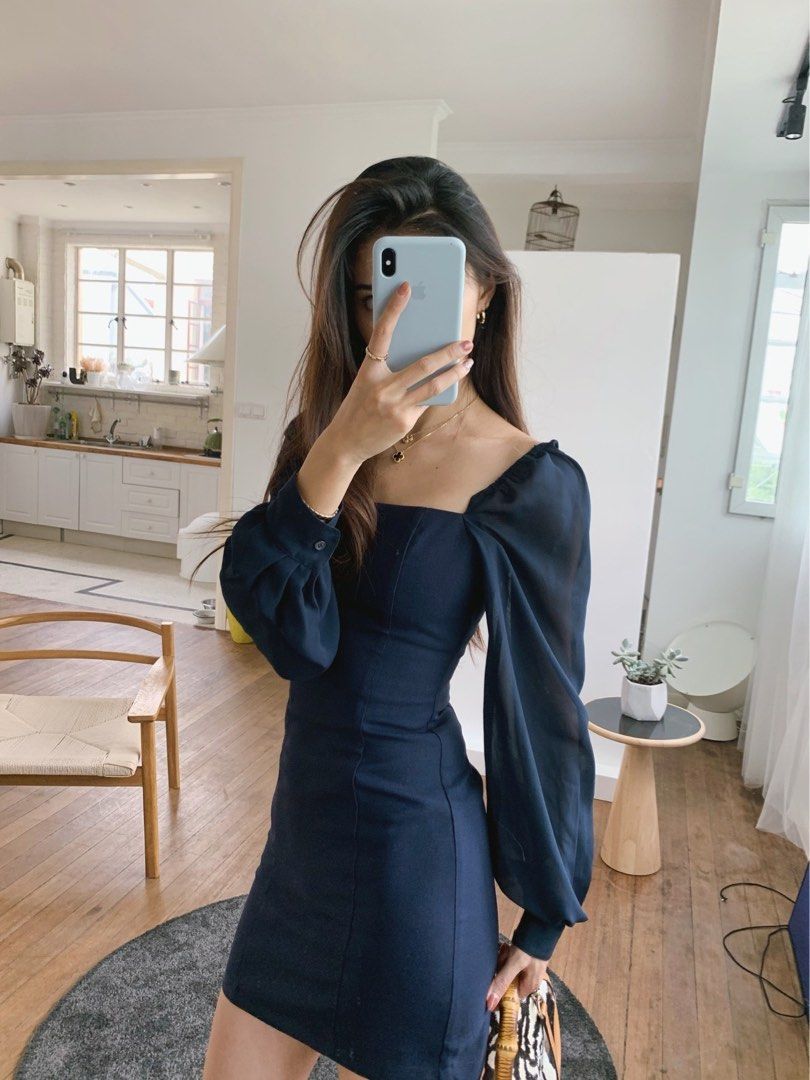 Navy Long Sleeved Mesh A Line Dress Women s Fashion Dresses Sets Dresses on Carousell