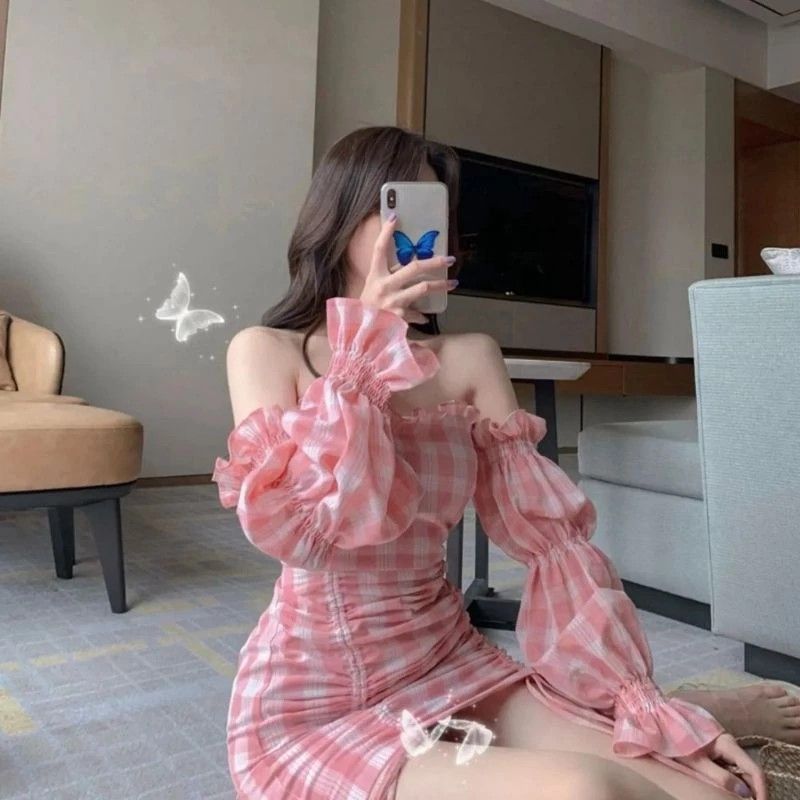 Pink plaid bodycon dress outlet