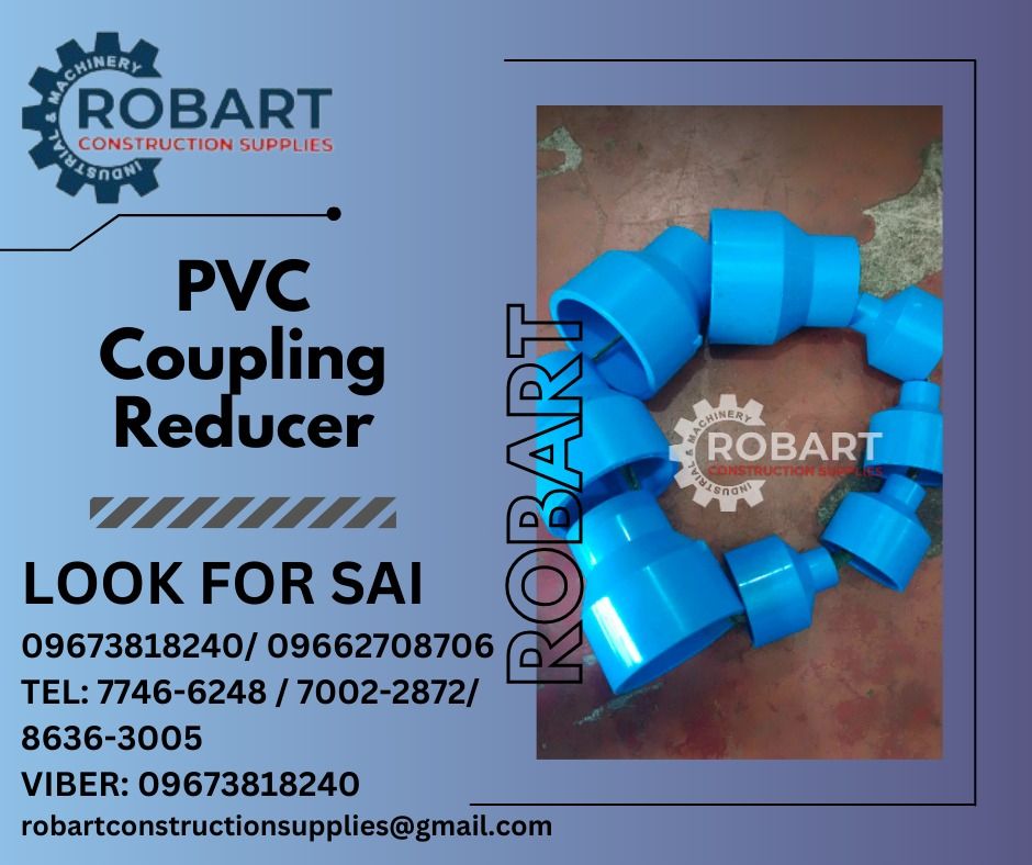 PVC Coupling Reducer (Category: Construction Tools & Equipment) located in Manila. Submitted by sairobart375609 (Listing ID 1281718104, Image 1). Description: PVC Coupling Reducer 2" x 1/2" ROBART CONSTRUCTION SUPPLIES For inquiries: For FAST TRANSACTION: Sai Robart - 09673818240 / 09662708706 Vbr: Robart Sai - 09673818240 sairobart3@gmail. com Office Address: 1405 Yuseco St. Sta. Cruz Manila 7746-6248 , 7216-7605 ,7002-2872, 8-6363005 0935142704