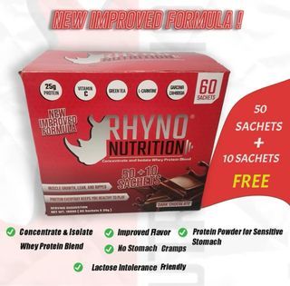 RHYNO NUTRITION WHEY PROTEIN 50+10 SACHETS DARK CHOCOLAT