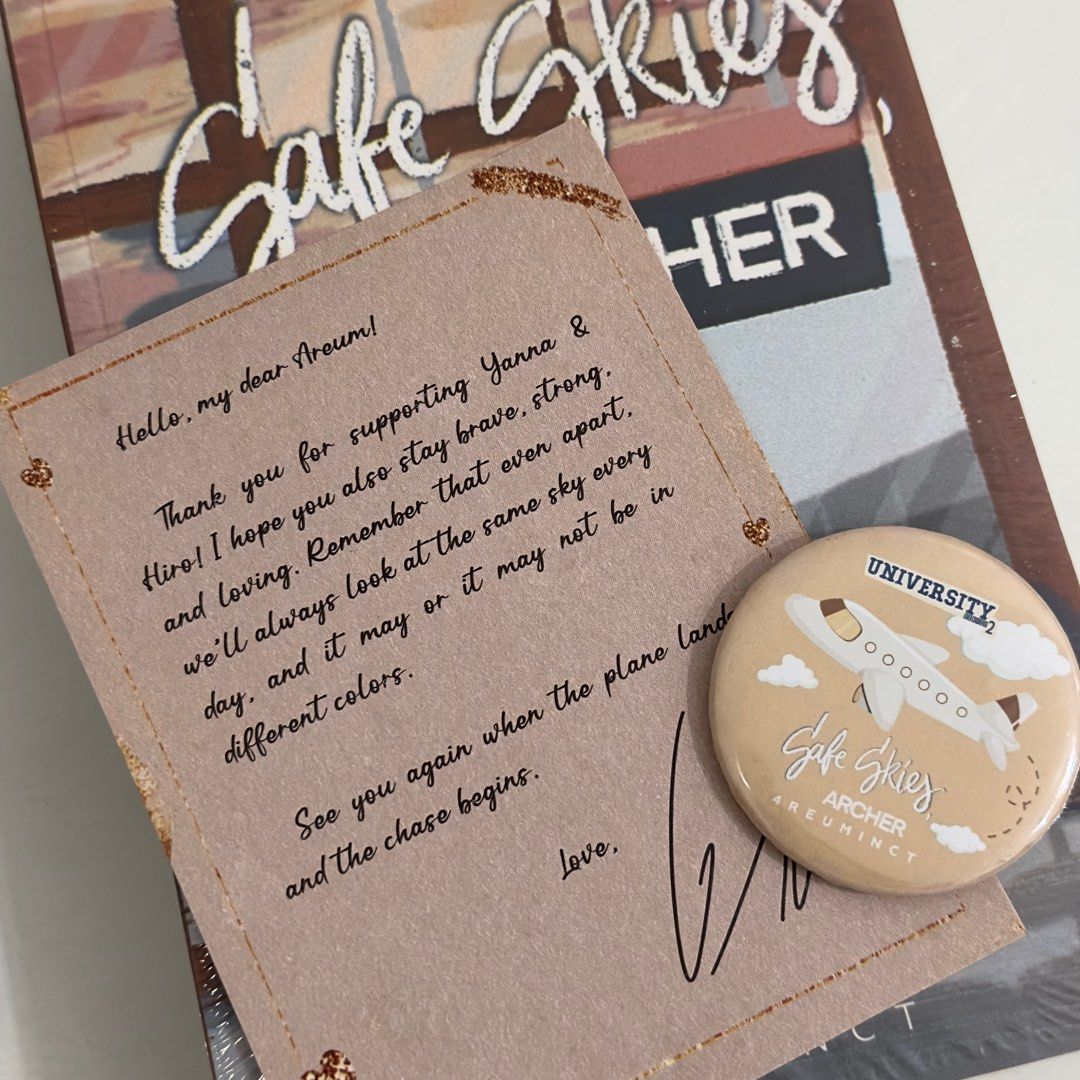 safe skies archer premium book + extras [sealed] (Category: Storybooks) located in Manila. Submitted by achiluv (Listing ID 1281759313, Image 2). Description: ✈️ safe skies archer premium book — sealed — w/ gwy’s signature — complete inclusions (bookmark, pin, gwy’s message card) — book pouch — photocards — postcard — magnetic bookmarks — sticker set — airplane keychain — rfs: decluttering — dop: payo — mop: gcash, bpi — mod: ggx, jnt, ssd — loc: