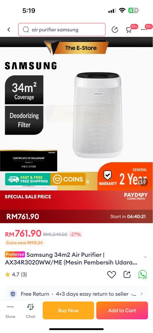 Samsung AX34R3020WW air purifier