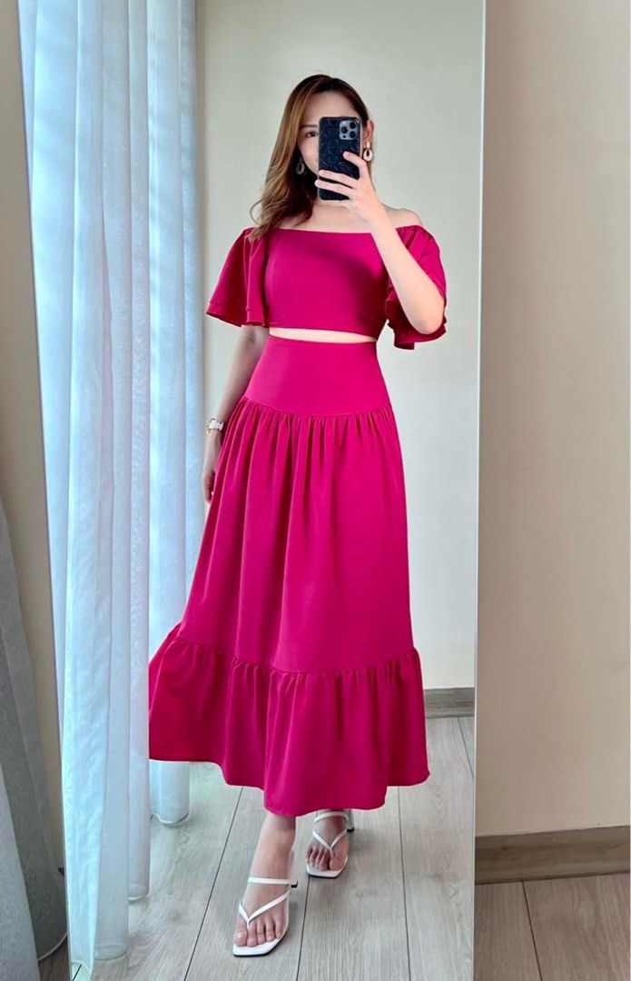 SETS off shoulder ruffle top with maxi ruffle skirt in hot pink evening dress dinner dress