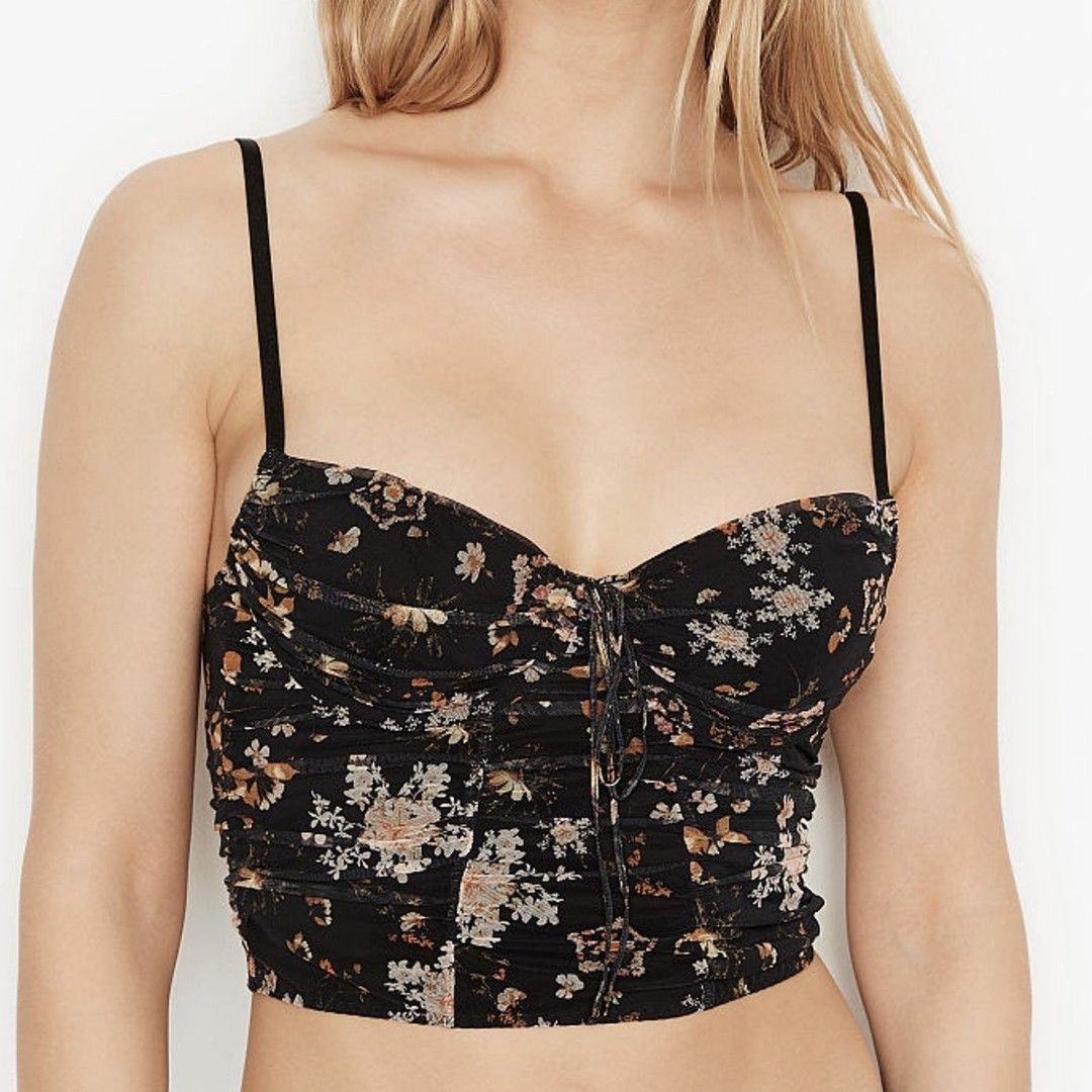 Black Floral Mesh Ruched Top