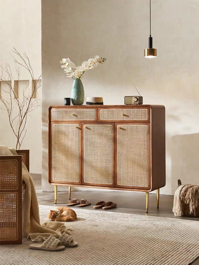 Walnut Shoe Cabinet with Rattan Design Solid Wood Furniture