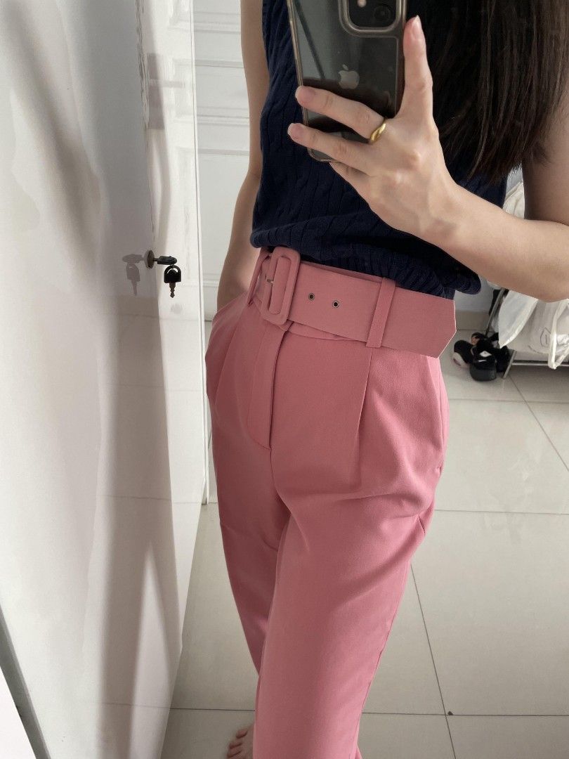 Zara Pink Belted Pants Women s Fashion Bottoms Other Bottoms on Carousell