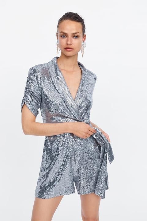 Zara Womens Romper Silver Sequin V Neck Ruched Sleeve Side Tie