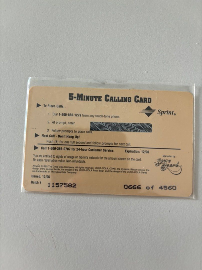 1995 Coca Cola Hammer's 5 Minute Phone Card, Hobbies & Toys, Memorabilia & Collectibles, Vintage