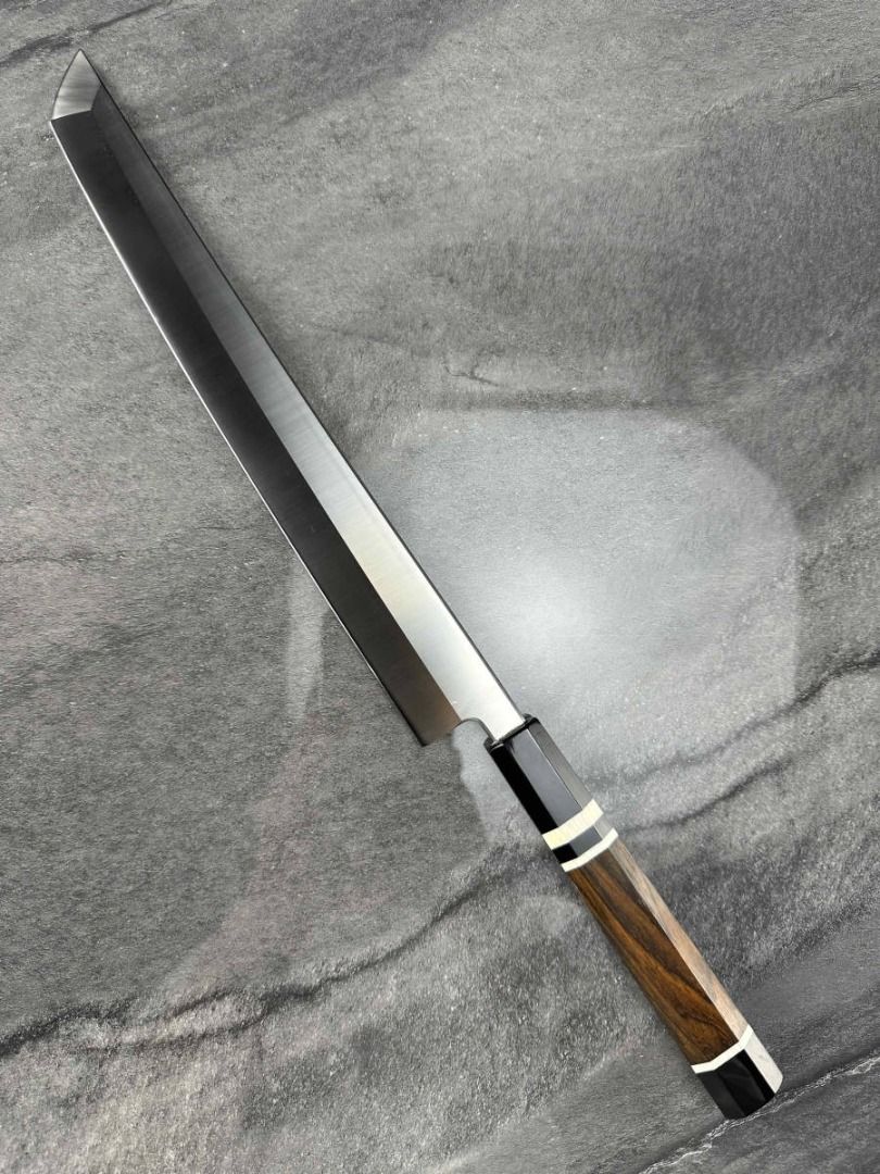 日本刀刺身刀牛肉刀和包丁圓尖刀V金尺寸10 真空硬化亞零處理翹曲黃砂