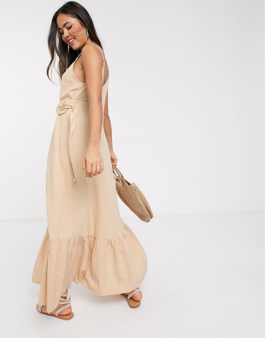 ASOS DESIGN cami wrap maxi dress in linen with wicker belt in
