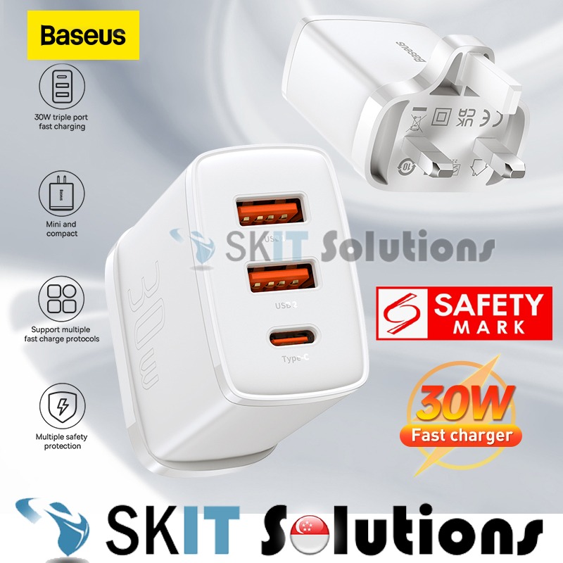 Baseus Compact Fast Charger 30W 2 USB + 1 USB-C Type C UK 3-Pins Plug ...