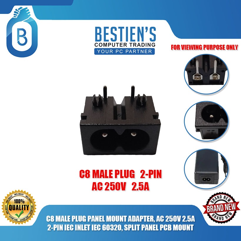 C8 MALE PLUG PANEL MOUNT ADAPTER, AC 250V 2.5A 2-PIN IEC INLET IEC ...