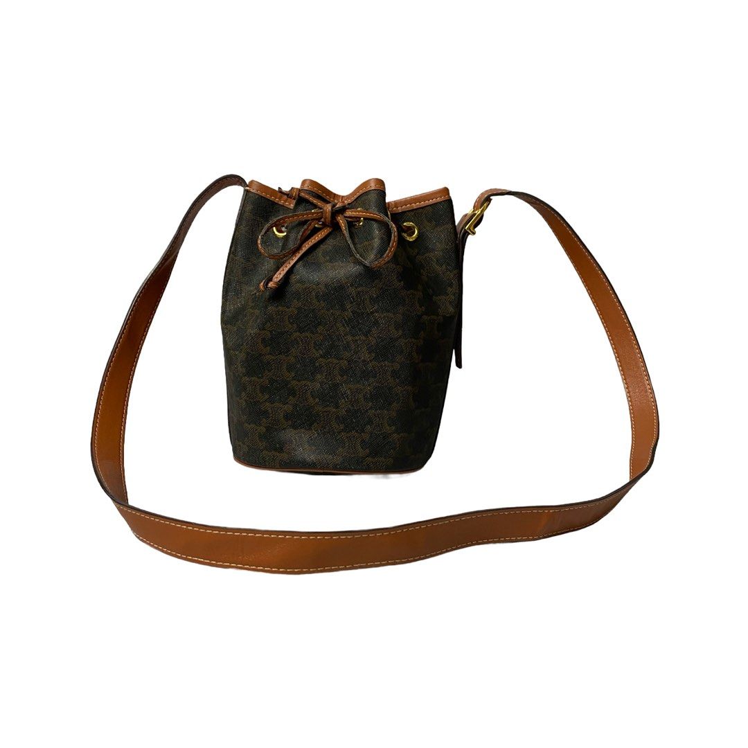 CELINE SMALL DRAWSTRING BAG IN TRIOMPHE CANVAS AND CALFSKIN TAN