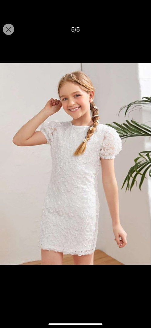 Girls Puff Sleeve Floral Applique Mesh Dress Babies Kids