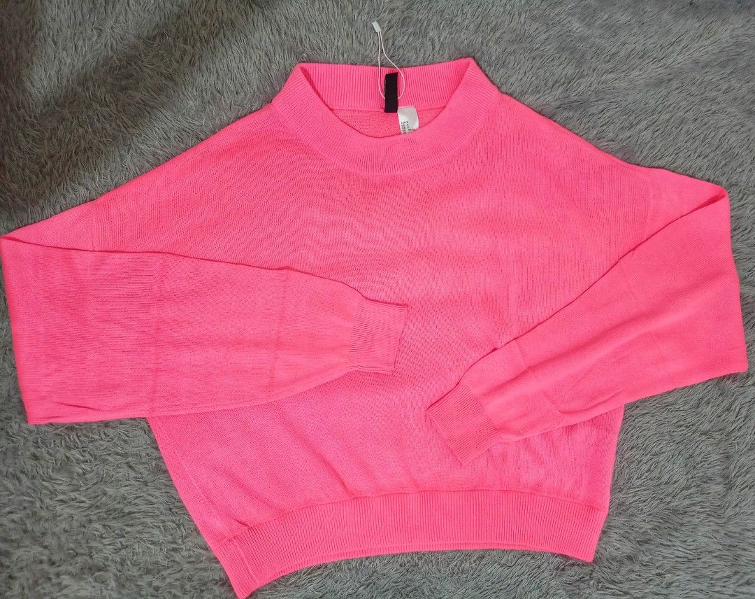 h&m fine knit jumper crop pink neon knit crop h&m hot pink