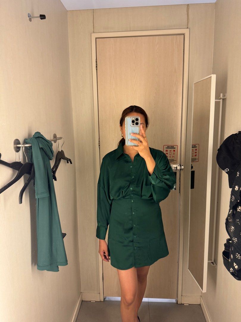 H M Green Satin Shirt Dress Women s Fashion Dresses Sets Dresses on Carousell