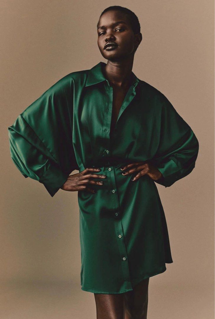 H M Green Satin Shirt Dress Women s Fashion Dresses Sets Dresses on Carousell