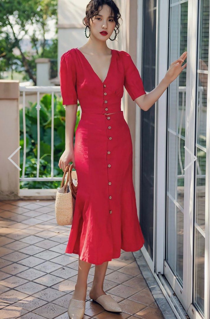 I.silhouette CNY red 2 piece top with skirt set Women s Fashion