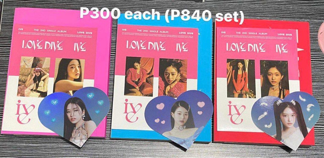 IVE LOVE DIVE unsealed albums (Category: CDs & DVDs) located in Caloocan City. Submitted by k.twenty (Listing ID 1281944445, Image 1). Description: Wts lfb IVE love dive unsealed albums 300 each, 840 set 🏷️ Gaeul Yujin Rei Wonyoung Liz Leeseo.