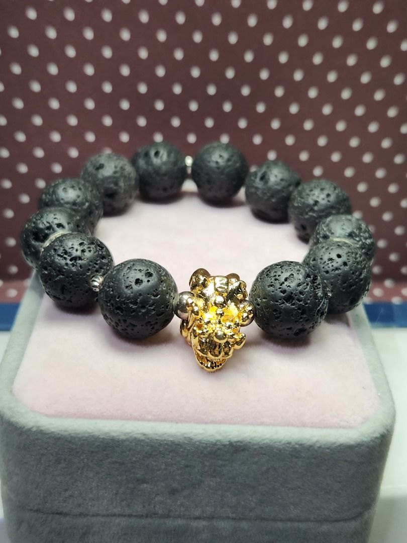 Natural Volcanic Lava Stone Beads Bracelet with Small Gold