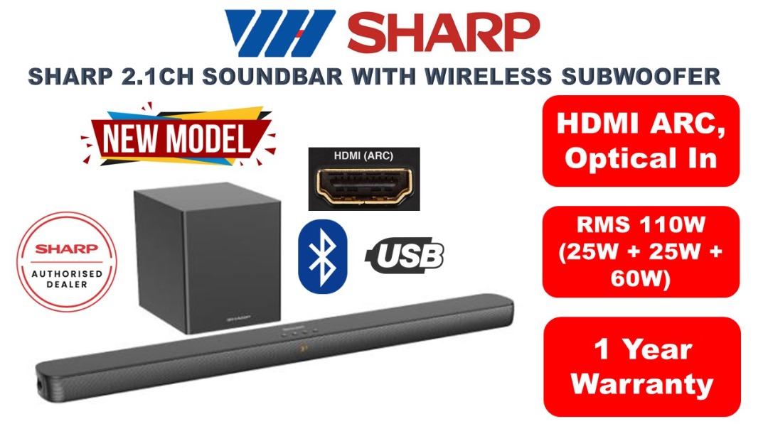 Sharp 2.1ch Sound Bar with Wireless Subwoofer