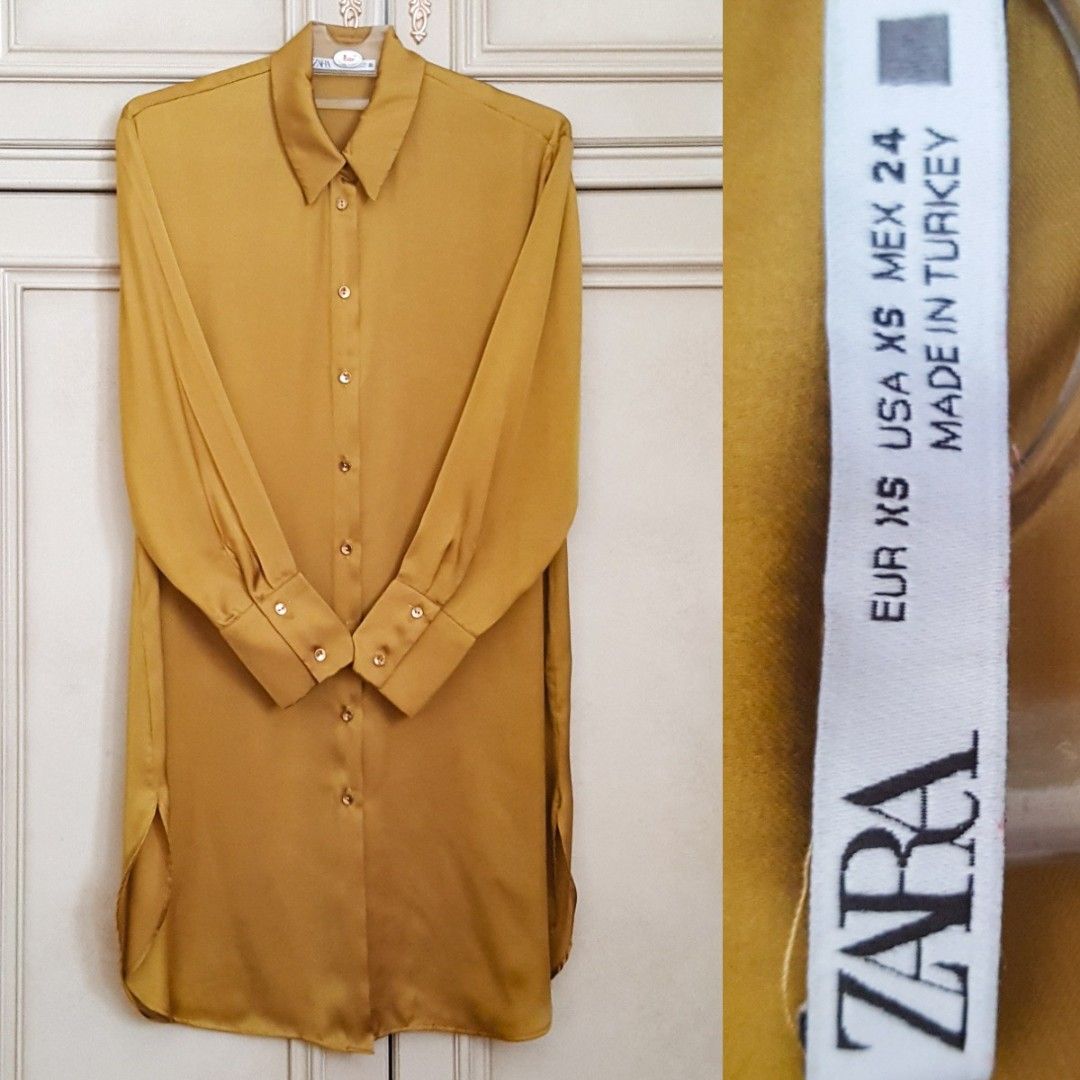 NEW) Zara Gold Satin Shirt Dress // Pakaian Wanita, Fesyen Wanita