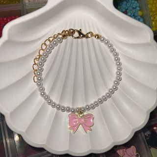 Pink Ribbon Bow Coquette Pearl Beaded Bracelet/Necklace