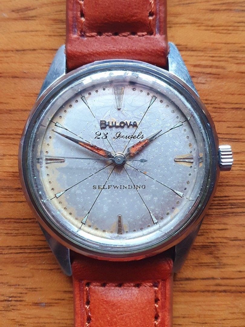 RARE Bulova self winding automatic early 1960 s 1950 s MONOBLOCK case mens watch made in america USA Dauphine alpha radium hands patina dial Luxury Watches on Carousell