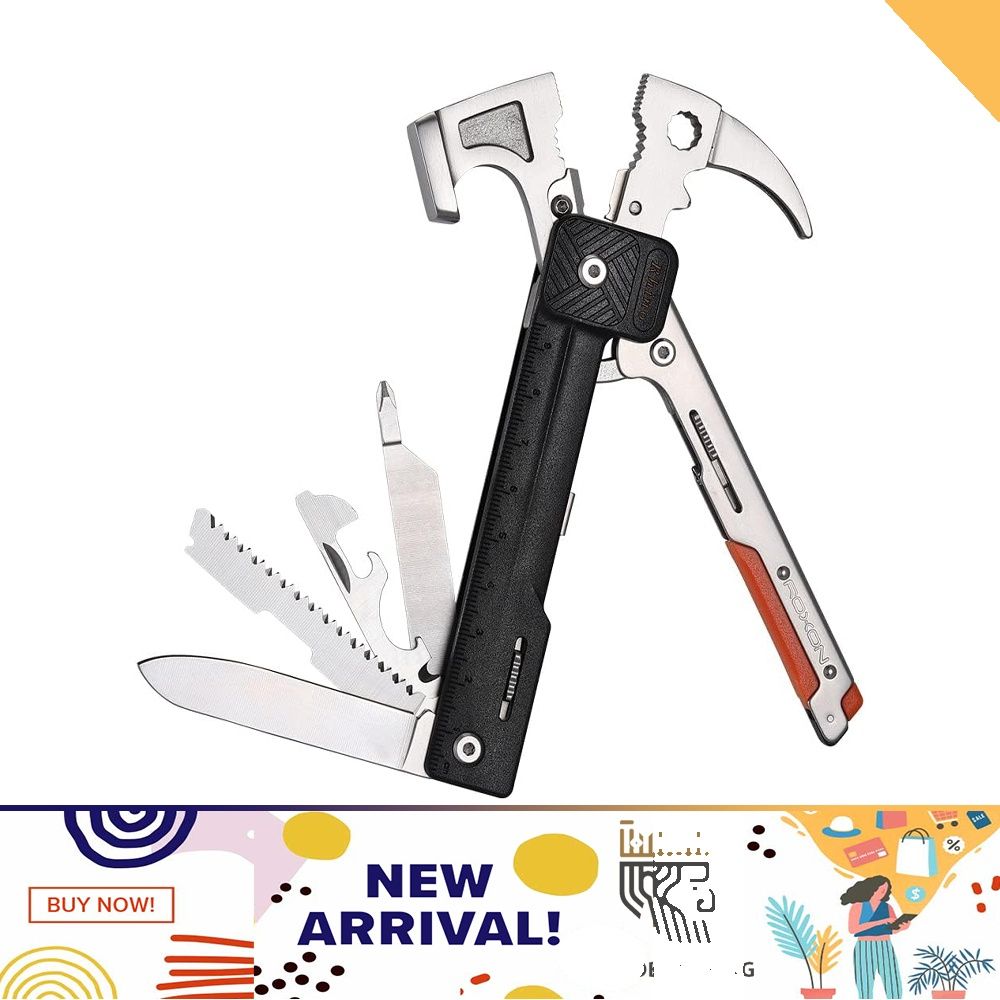 ROXON 16 in One Tools Camping Hammer Multitool with flint stone,  replaceable cutter, Best Camping Accessories with plier, knife, bottle  opener, saw