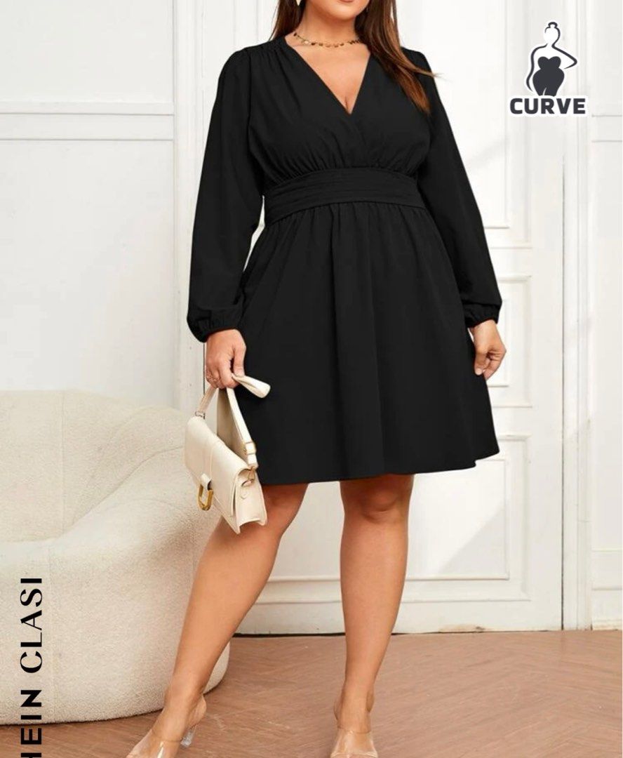 Shein Curve, Dresses, Shein Curve Womens Black Dress Plus Size 2xl Wrap  Look Knee Length Short Sleeve