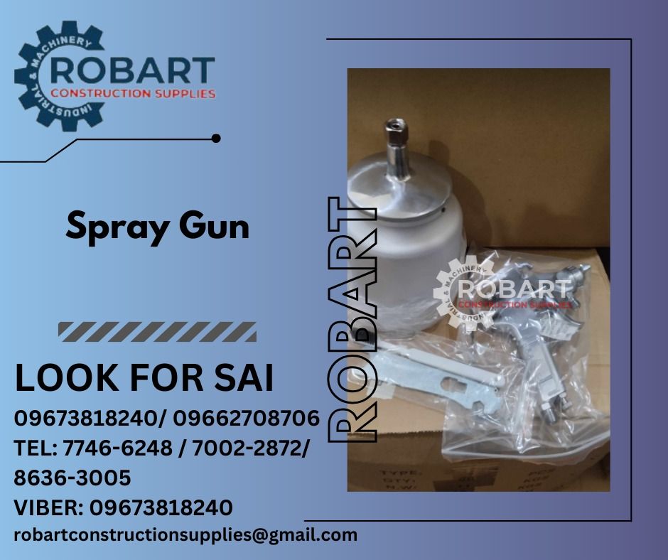 Spray Gun (Category: Construction Tools & Equipment) located in Manila. Submitted by robartehm (Listing ID 1281875310, Image 1). Description: Spray Gun Model: PSG-71S ROBART CONSTRUCTION SUPPLIES For inquiries: For FAST TRANSACTION: Sai Robart - 09673818240 / 09662708706 Vbr: Robart Sai - 09673818240 sairobart3@gmail. com Office Address: 1405 Yuseco St. Sta. Cruz Manila 7746-6248 , 7216-7605 ,7002-2872, 8-6363005 09351427044 09603947805 robartcon