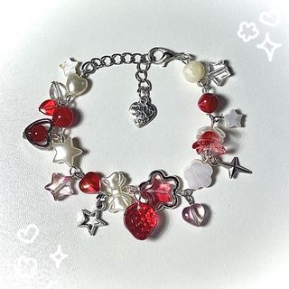 Strawberry Themed Red Pearl Dainty Wire Beaded Bracelet Jewelry